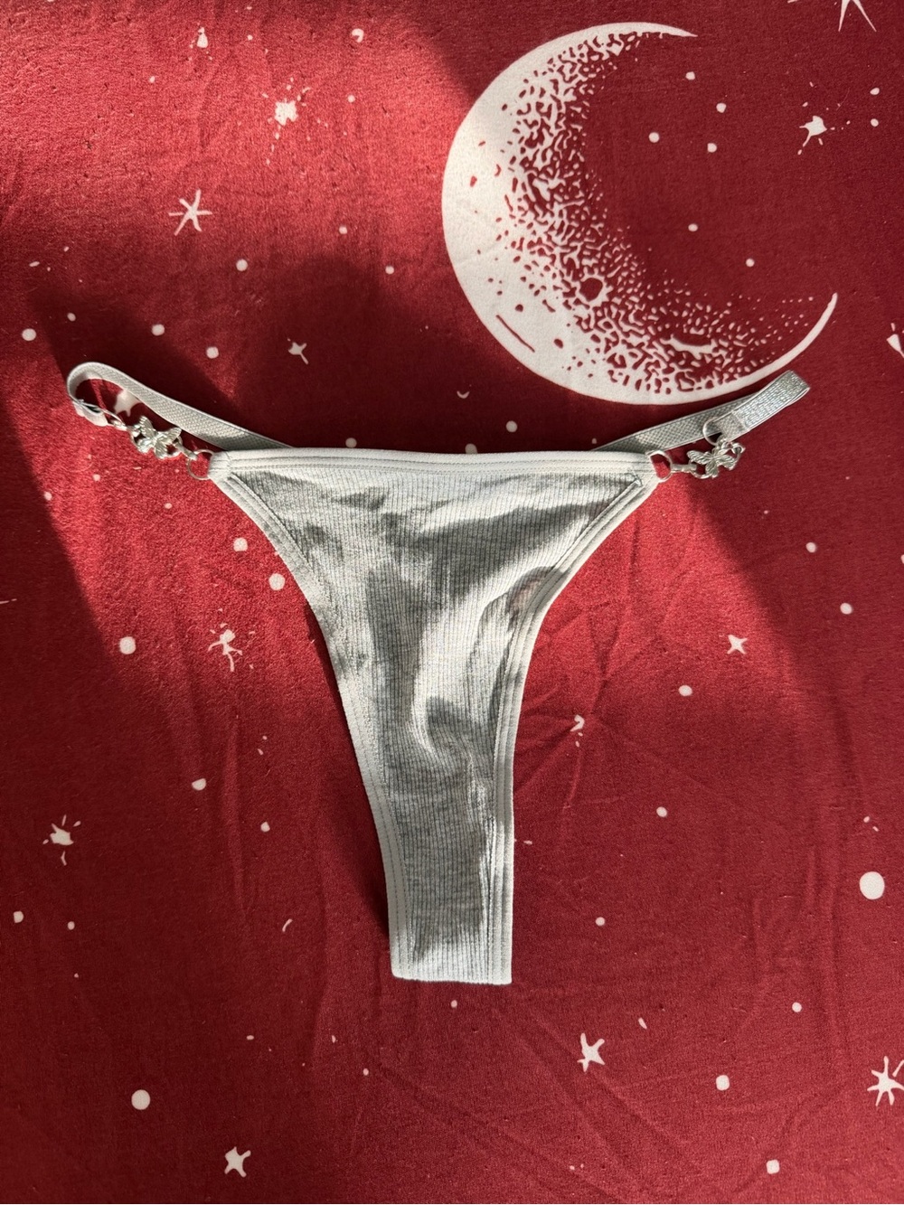 Sexy Ribbed Silver Thong Panty with Chain Accent, size M